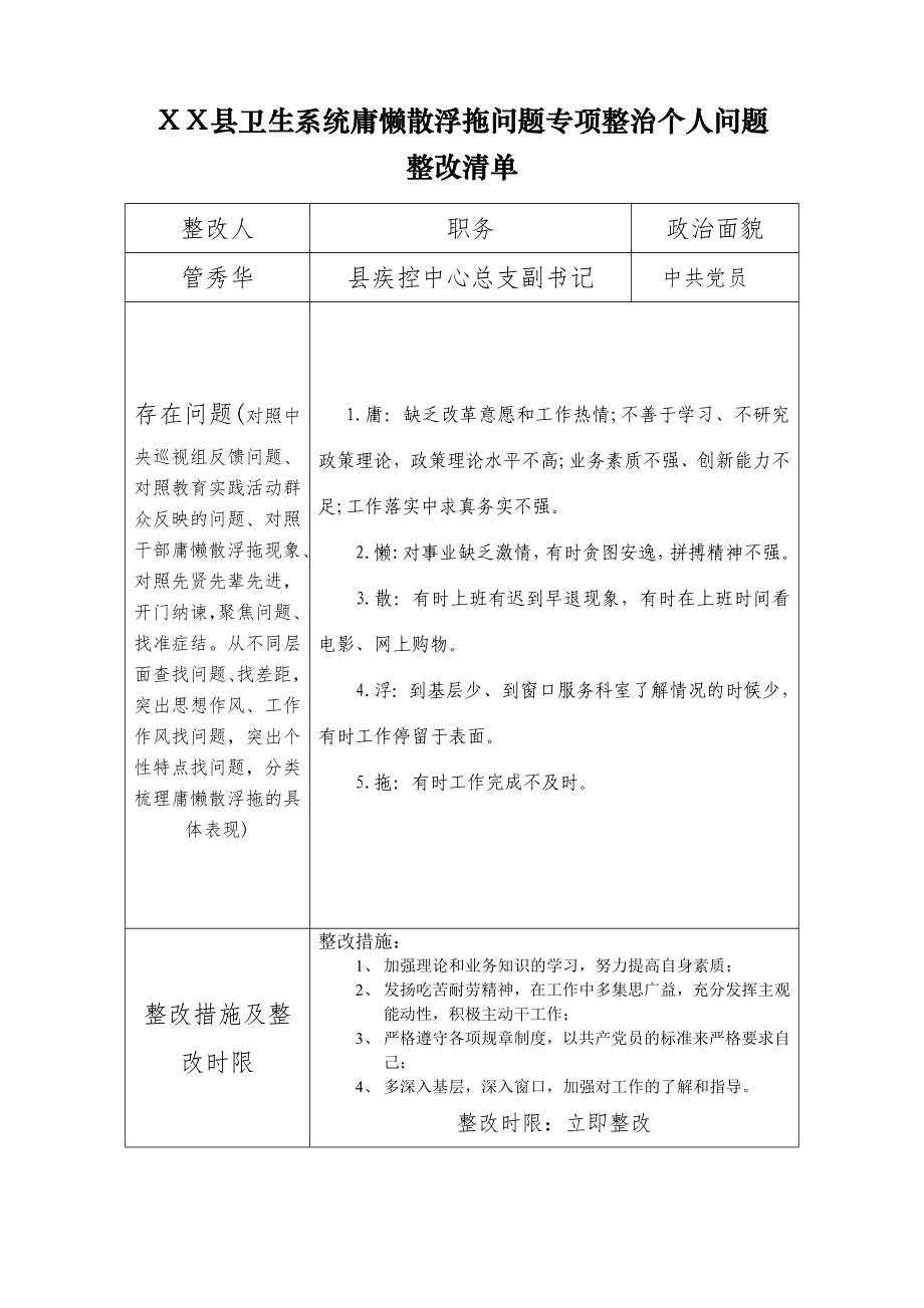 卫生系统庸懒散浮拖问题专项整治个人问题 整改清单.doc_第1页