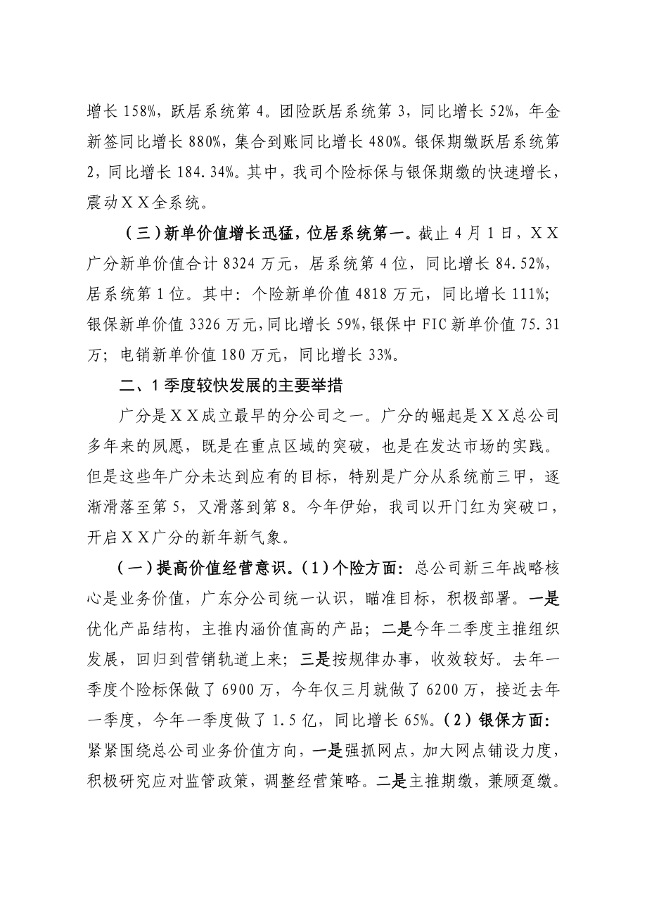 人寿保险分公司一季度经营情况汇报发言稿.doc_第2页