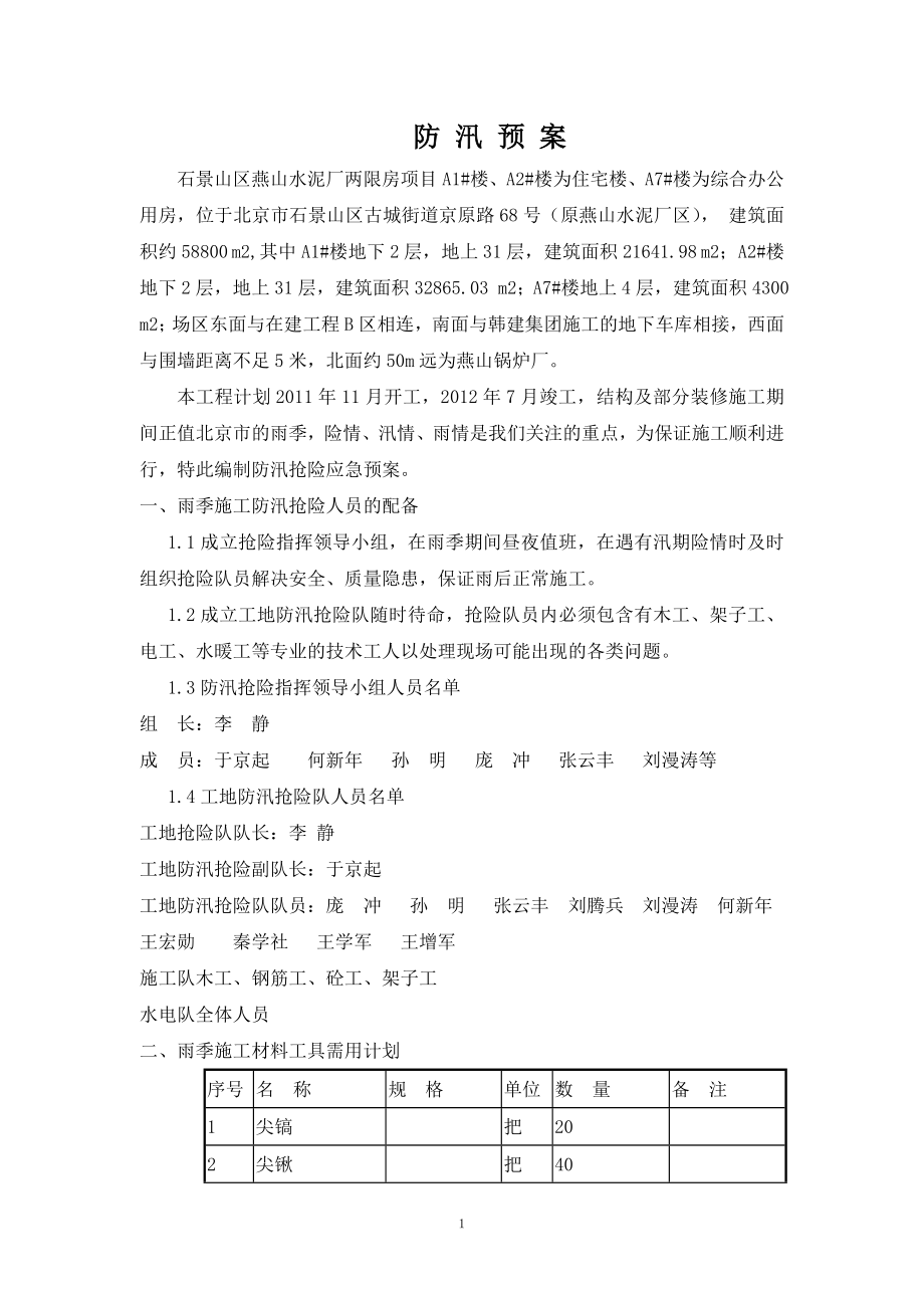 住宅楼综合办公用房工程防汛应急预案.doc_第1页