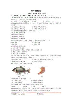 《中学教材全解》2013-2014学年八年级生物学上（人教版）期中检测题.doc