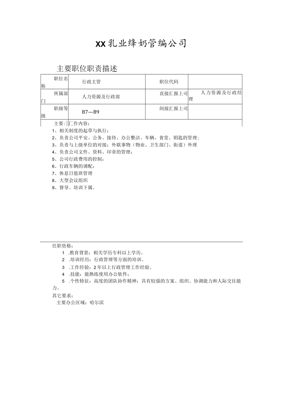 奶业公司人力资源行政专管.docx_第1页