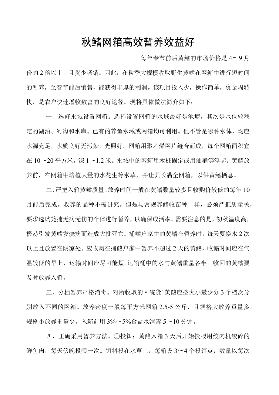 秋鳝网箱高效暂养效益好.docx_第1页