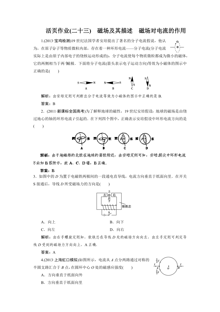 活页作业23 磁场及其描述 磁场对电流的作用 Word版含解析.doc_第1页