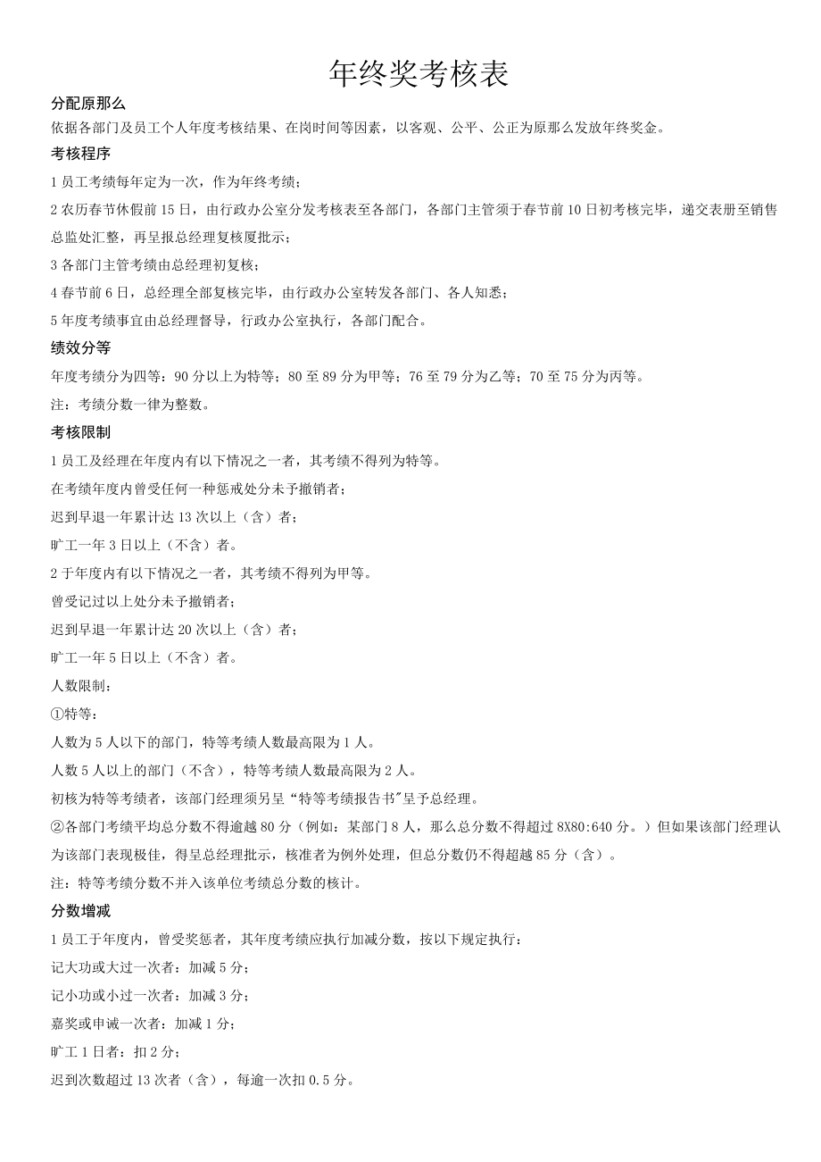 年终奖分配方案及年度绩效考核表.docx_第1页