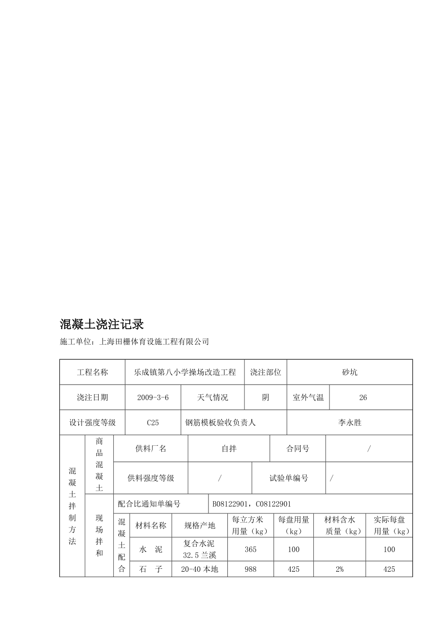 混凝土浇注记录.doc_第1页