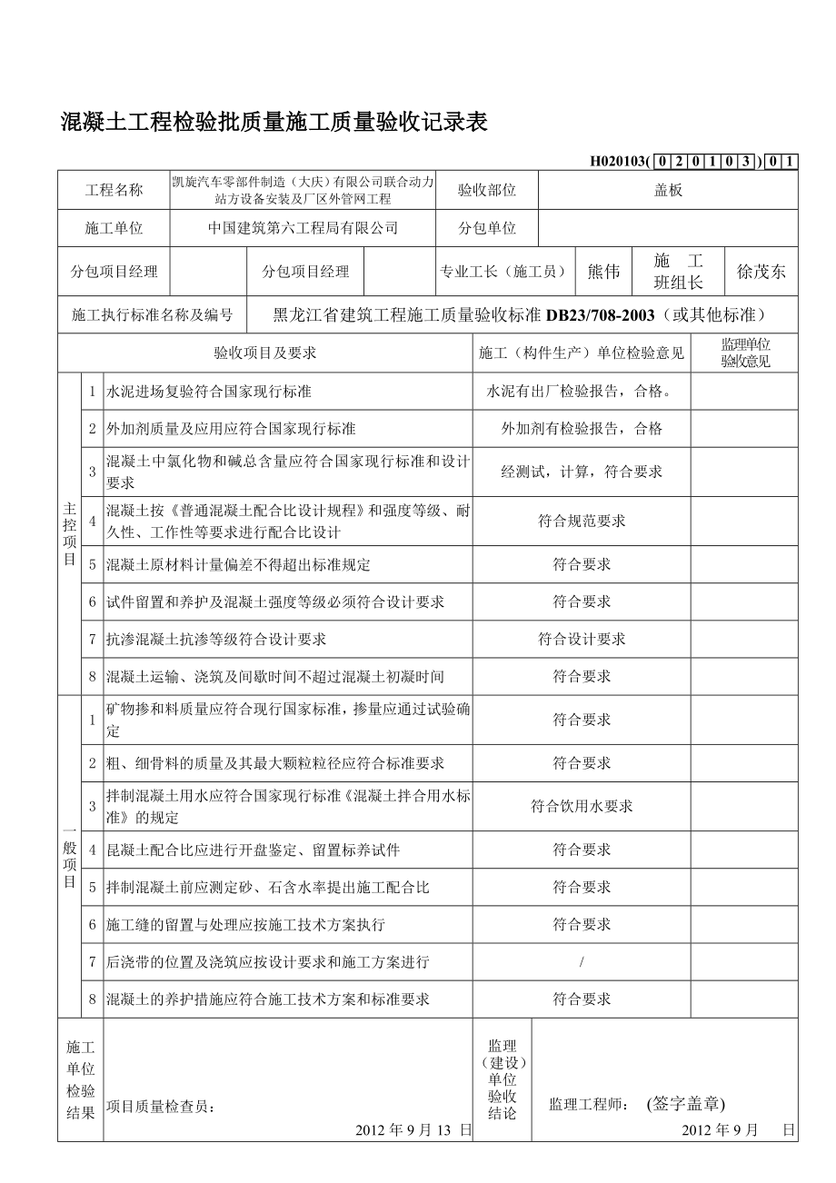 混凝土工程检验批质量施工质量验收记录表.doc_第1页