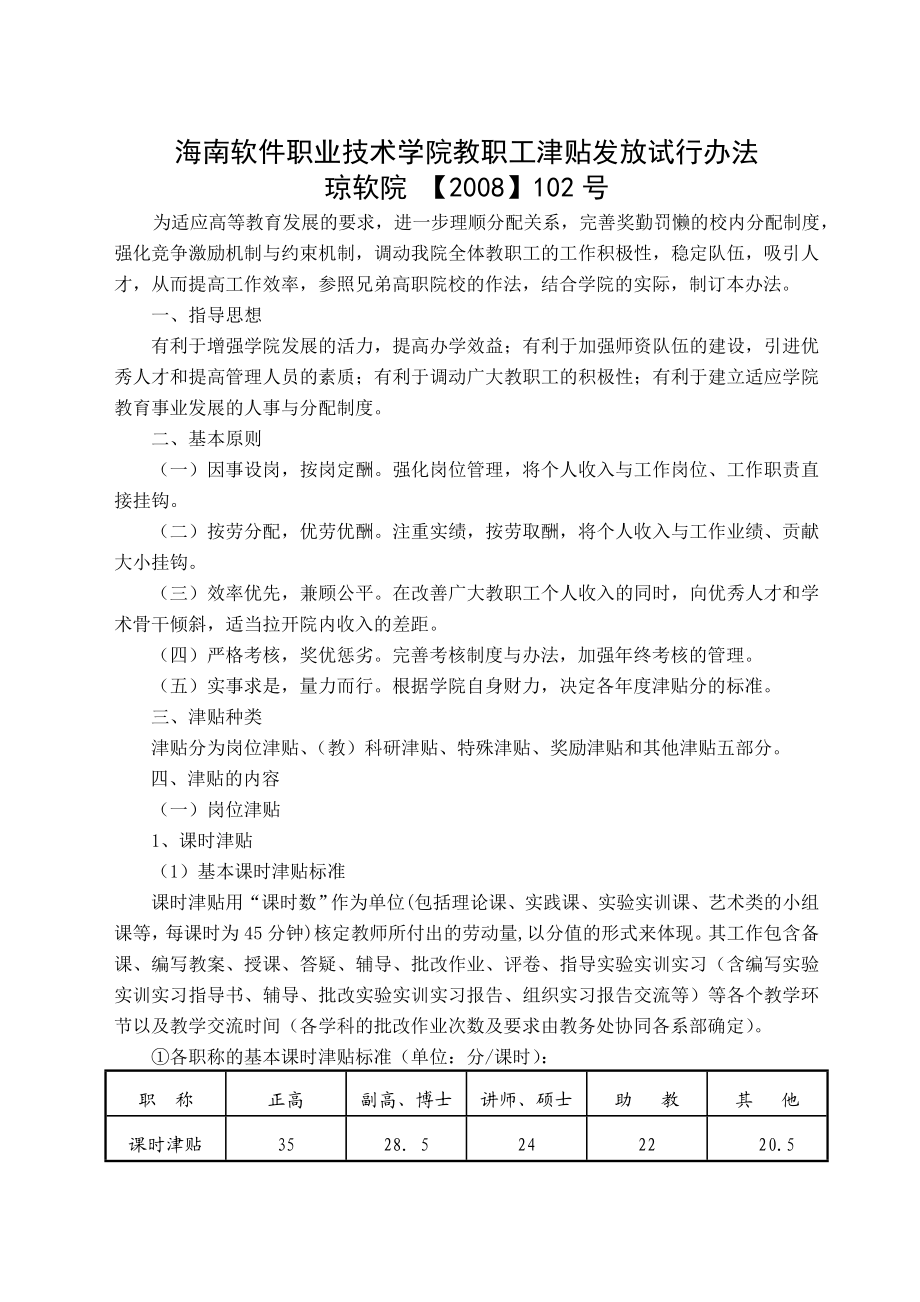 海南软件职业技术学院教职工津贴发放试行办法.doc_第1页