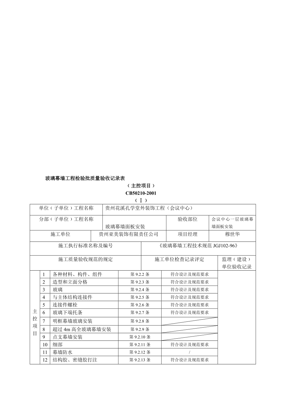 玻璃幕墙工程检验批质量验收记录表1.doc_第1页