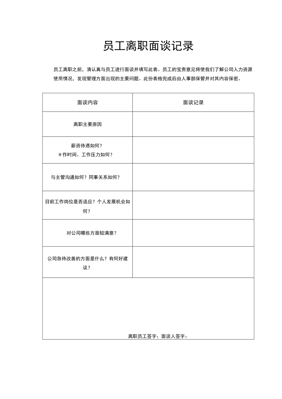 员工离职面谈记录表模板.docx_第1页