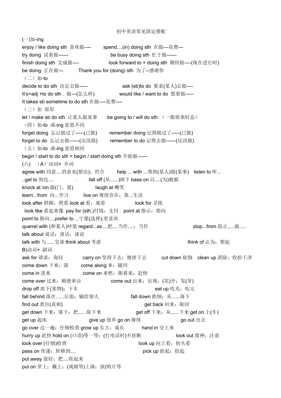 初中英语超详细固定词组及句型搭配.doc_第1页