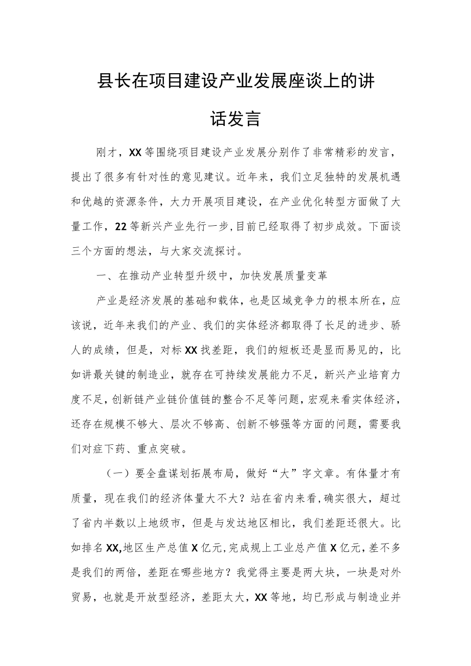 县长在项目建设产业发展座谈上的讲话发言.docx_第1页