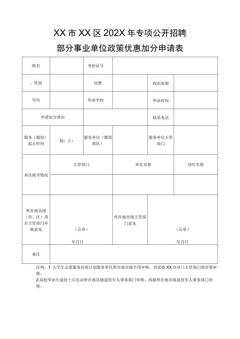 XX市XX区202X年专项公开招聘部分事业单位政策优惠加分申请表.docx_第1页