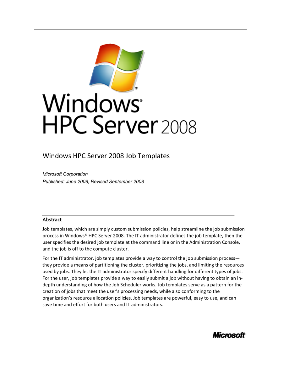 [IT认证]Windows HPC ServerJob Templates White Paper.doc_第1页