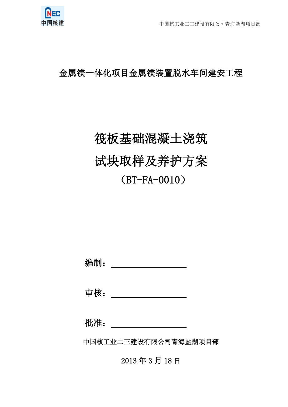 CNI23FABS0010筏板基础混凝土浇筑试块取样及养护专项方案(改).doc_第1页