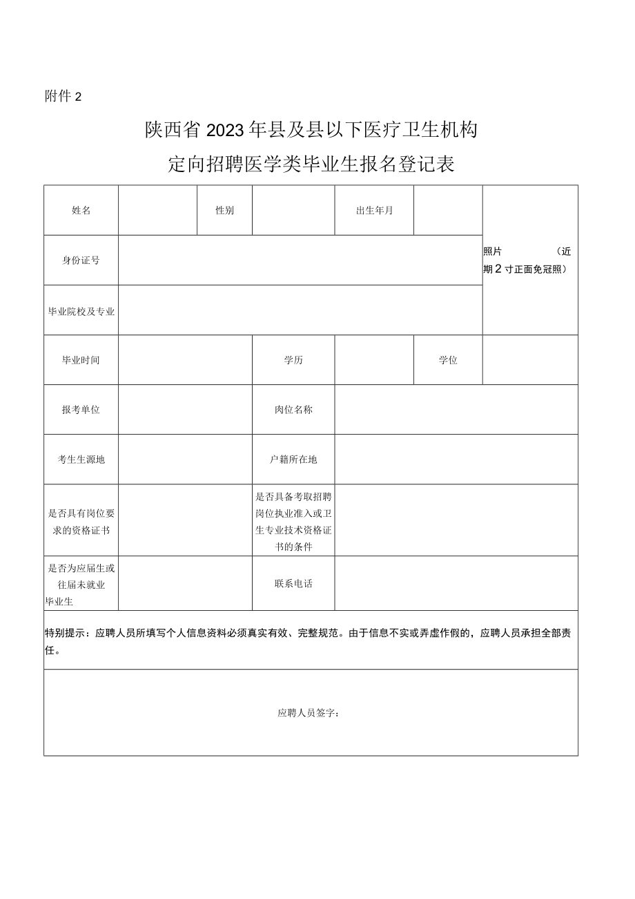 陕西省2023年县及县以下医疗卫生机构定向招聘医学类毕业生报名登记表.docx_第1页