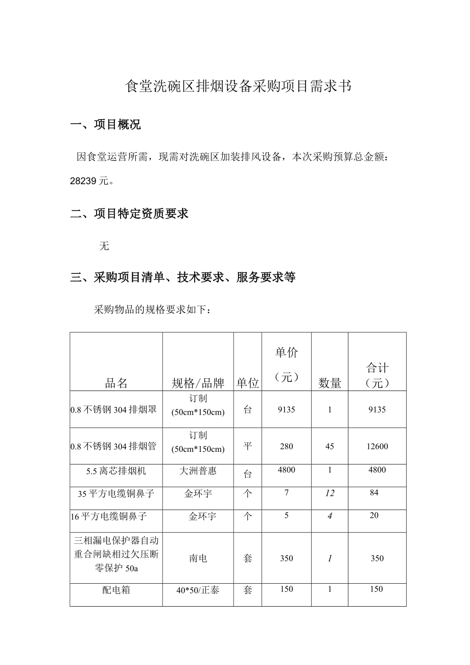 食堂洗碗区排烟设备采购项目需求书.docx_第1页