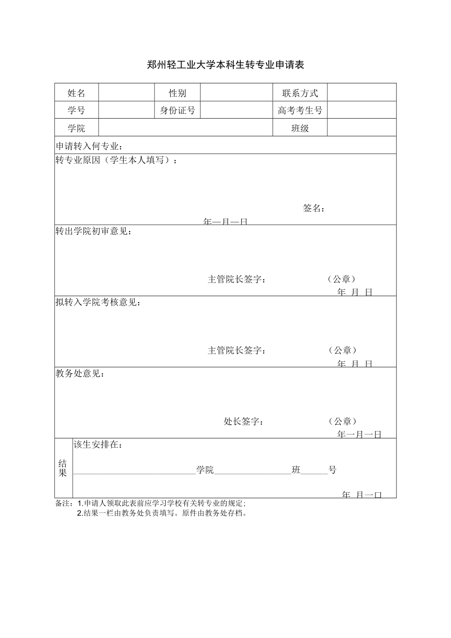 郑州轻工业大学本科生转专业申请表.docx_第1页