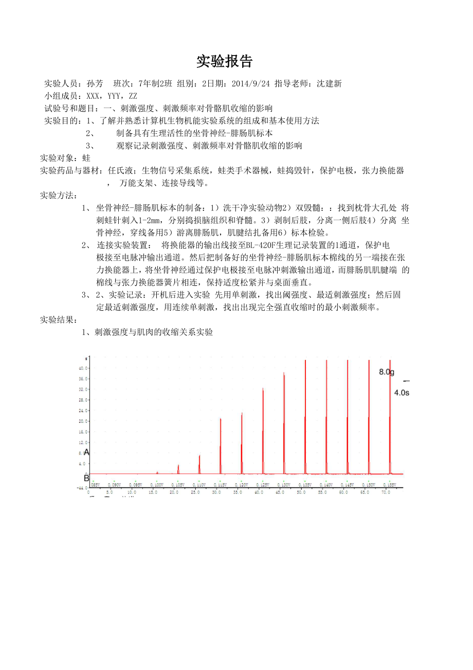 刺激强度刺激频率对骨骼肌收缩的影响一实验报告.docx_第1页