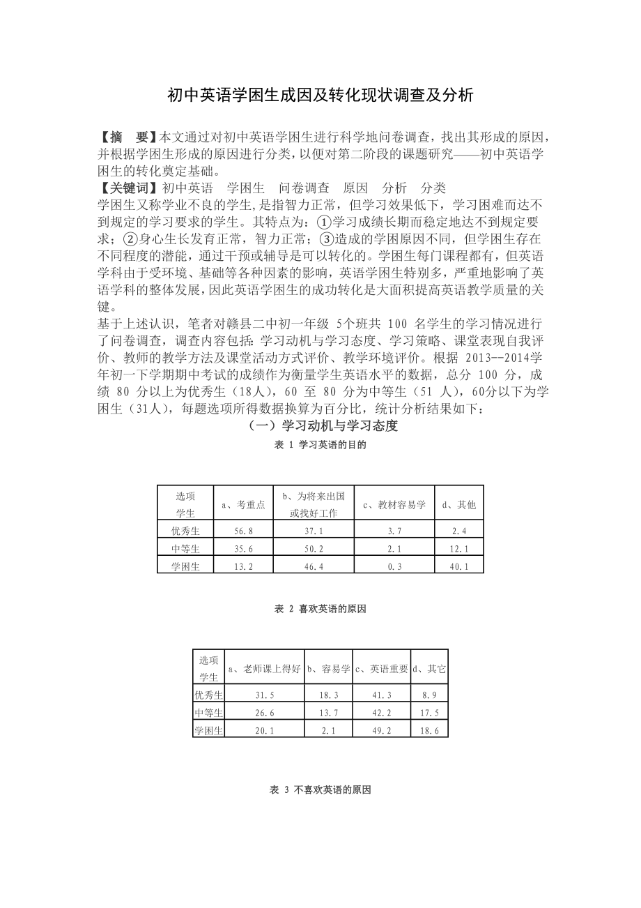 初中英语学困生成因及转化现状调查及分析.doc_第1页