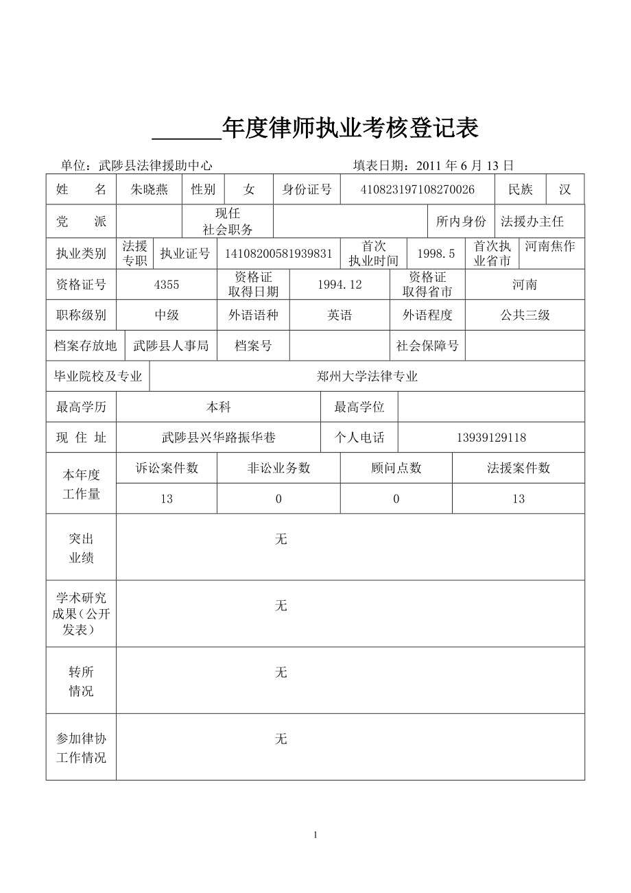 [合同协议]朱晓燕律师执业考核登记表.doc_第1页