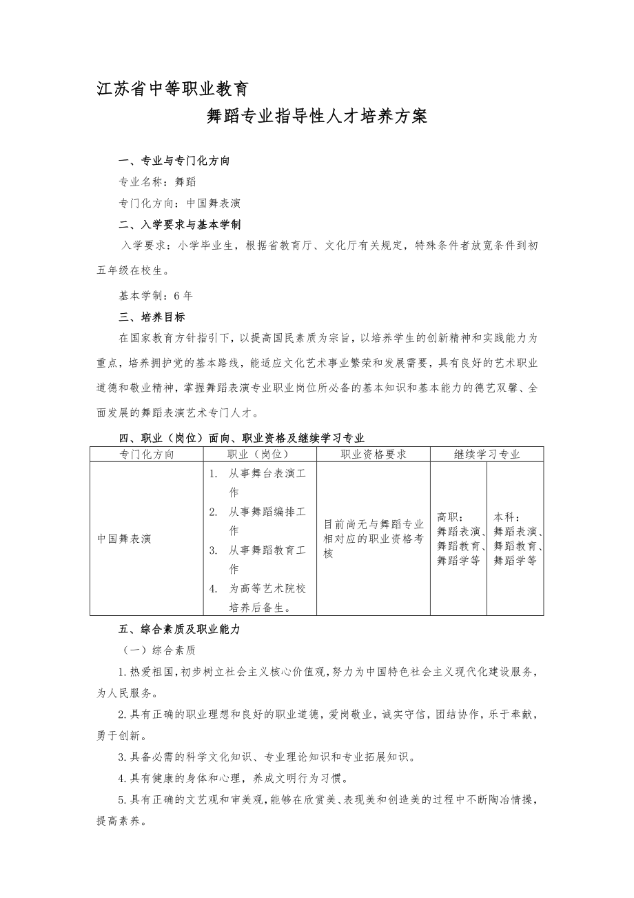 中等职业教育舞蹈专业培养方案.doc_第1页