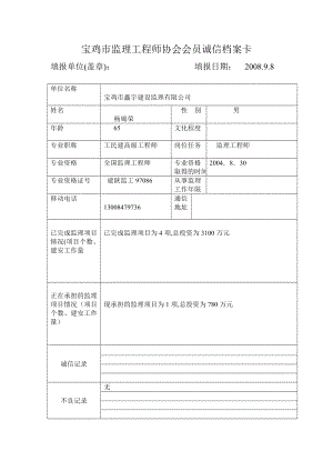 宝鸡市监理工程师协会义会员诚信档案卡.doc