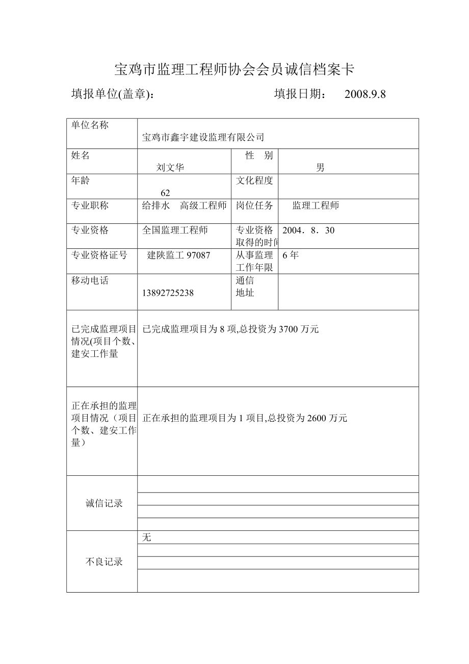 宝鸡市监理工程师协会义会员诚信档案卡.doc_第2页