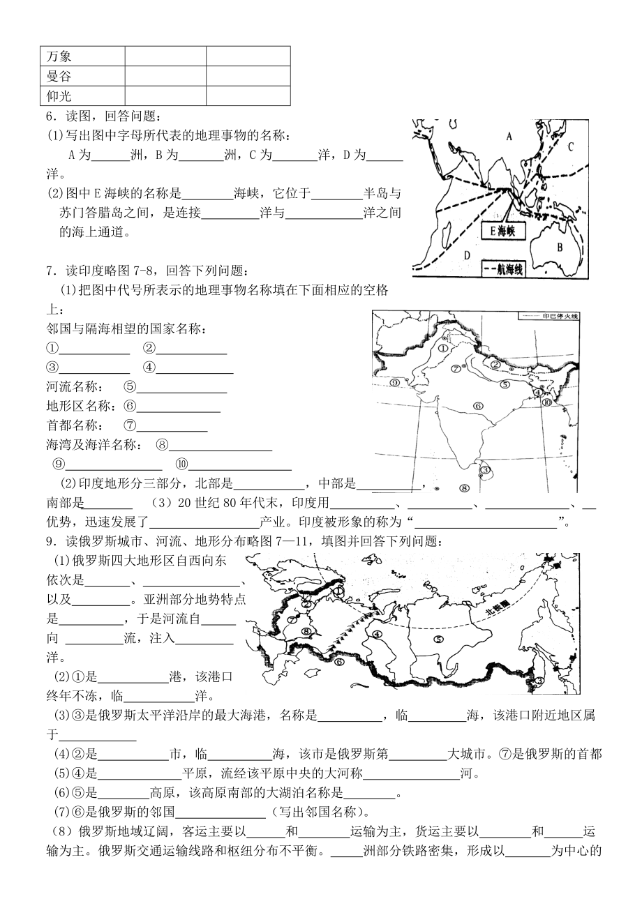 人教版地理七年级下册填图复习题(含答案)28987.doc_第3页