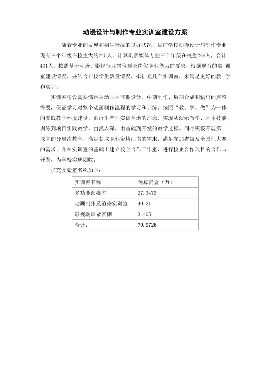 动漫设计与制作专业实训室建设方案.docx_第1页