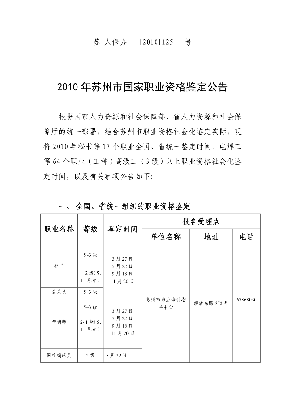 苏州市国家职业资格鉴定公告附全国、省统一组织的职业资格鉴定和苏州市区组织的高级工(3级)以上职.doc_第1页