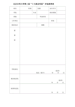 北京吉利大学第三届 “十大就业明星”评选推荐表.docx