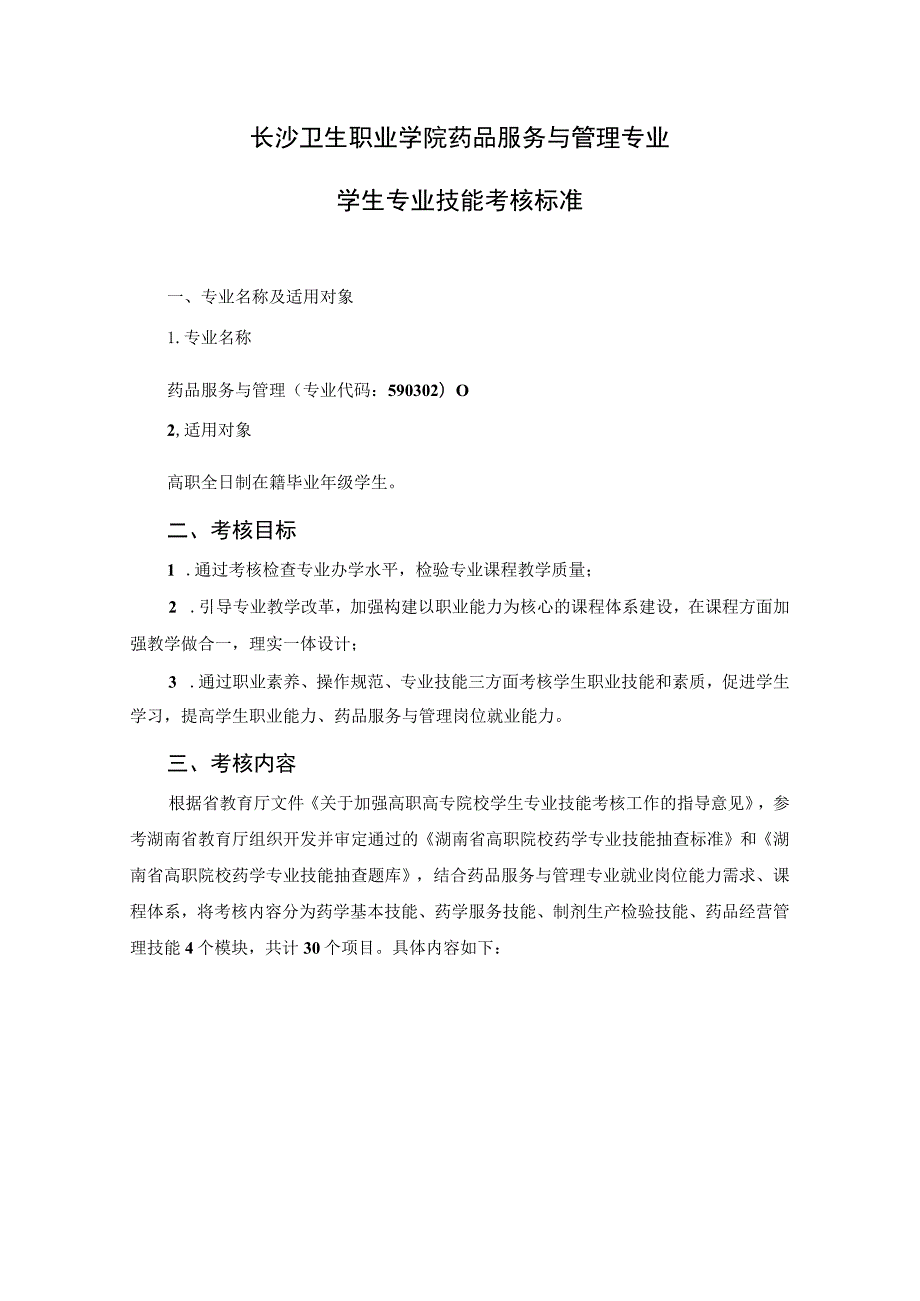 长沙卫生职业学院药品服务与管理专业学生专业技能考核标准.docx_第1页