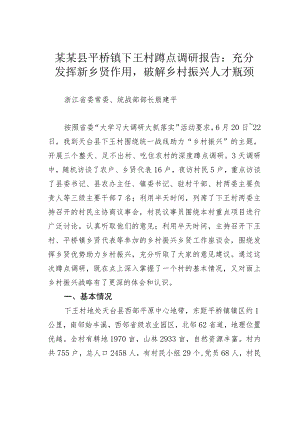 某某县平桥镇下王村蹲点调研报告：充分发挥新乡贤作用破解乡村振兴人才瓶颈.docx