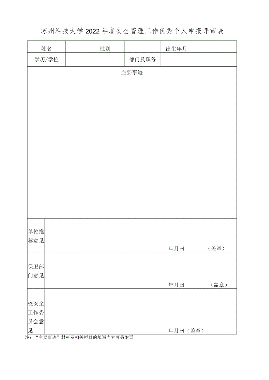 苏州科技大学2022年度安全管理工作优秀个人申报评审表.docx_第1页