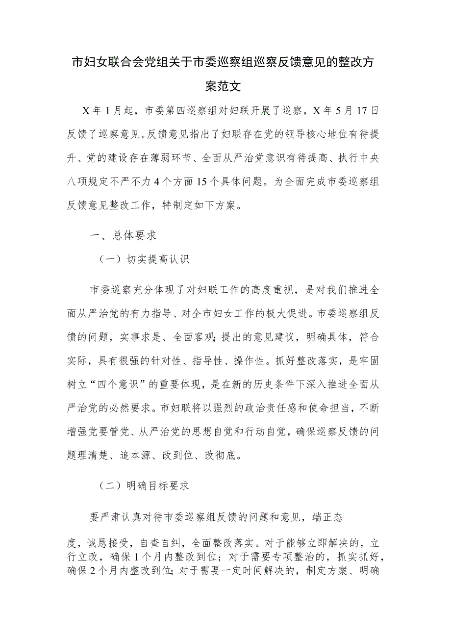 市妇女联合会党组关于市委巡察组巡察反馈意见的整改方案范文.docx_第1页