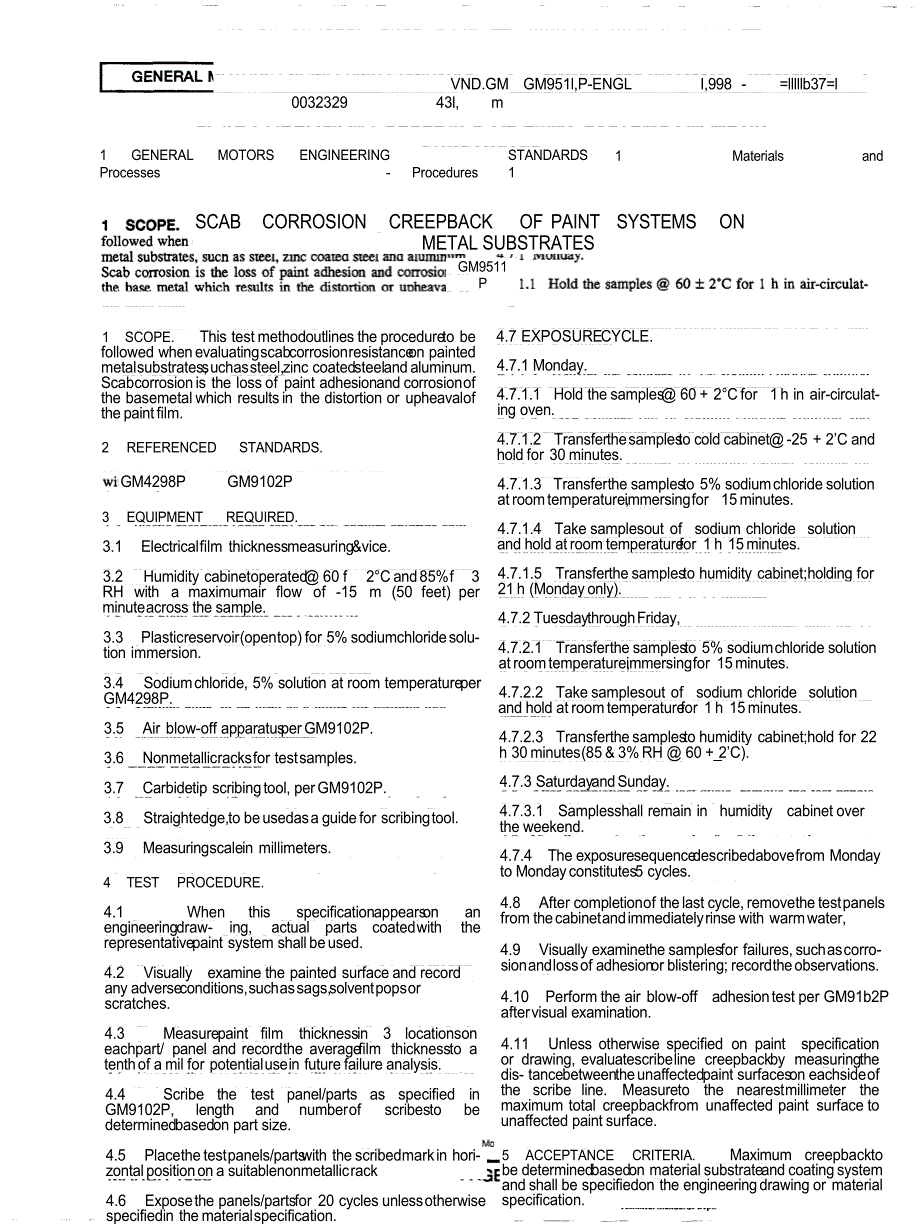 GM 9511P1998 金属基上漆膜的“scab corrosion creepback”测试.doc_第1页