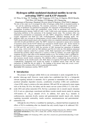 [精品论文]Hydrogen sulfide modulated duodenal motility in rat via activating TRPV1 and KATP channels.doc