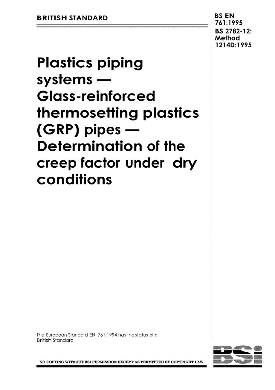 【BS英国标准】BS EN 7611995 Plastics piping systems — Glassreinforced thermosetting plastics (GRP.doc_第1页