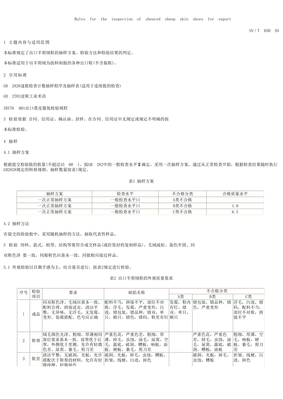 【SN商检标准】snt 03031993 出口羊剪绒鞋检验规程.doc_第1页