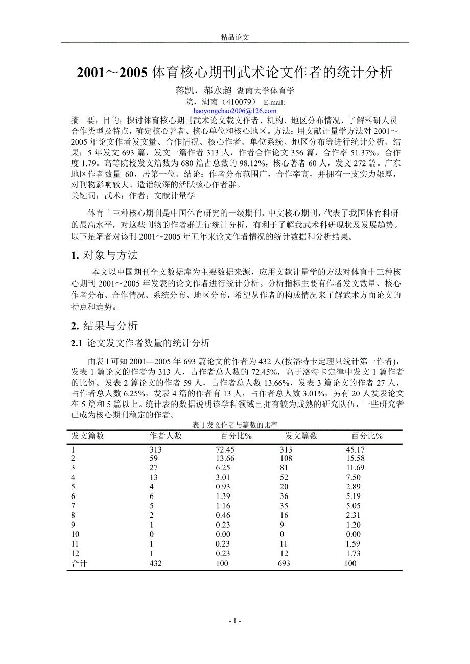 2001～2005 体育核心期刊武术论文作者的统计分析.doc_第1页