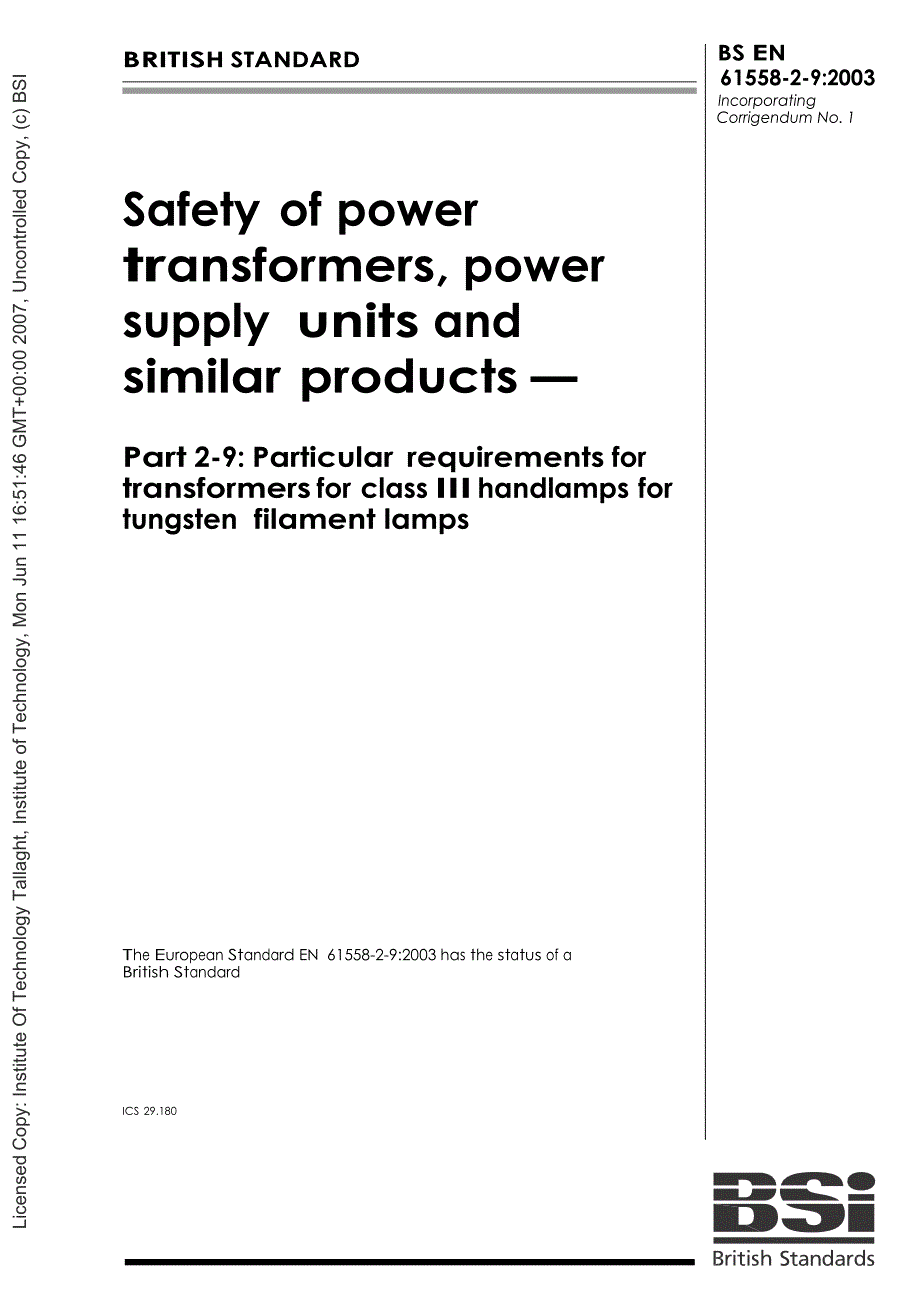 【BS英国标准】BS EN 61558292003 Safety of power transformers, power supply units and similar pro.doc_第1页