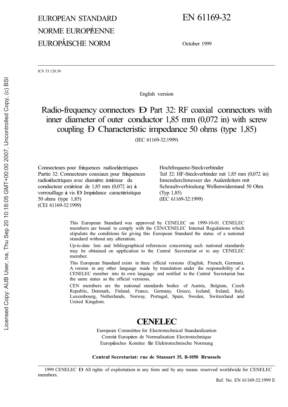 【BS英国标准】BS EN 61169322000 射频连接器.第32部分带螺纹耦合的外导体1,85mm(0,072in)的内径RF共轴连接器.特性阻抗50欧姆(1,85型).doc_第3页