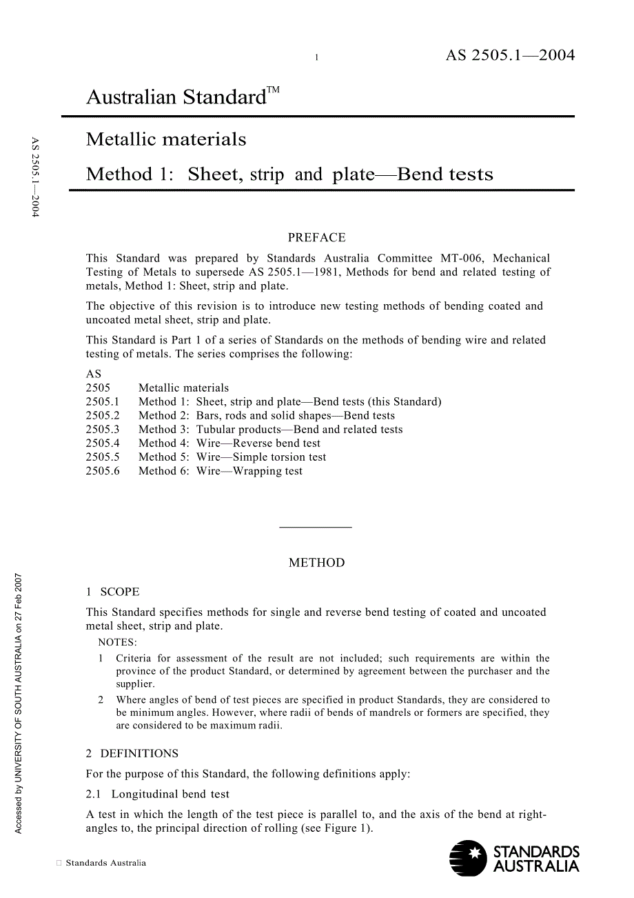 【AS澳大利亚标准】AS 250512004 Metallic materials Method 1 Sheet, strip and plate—Bend tests.doc_第1页