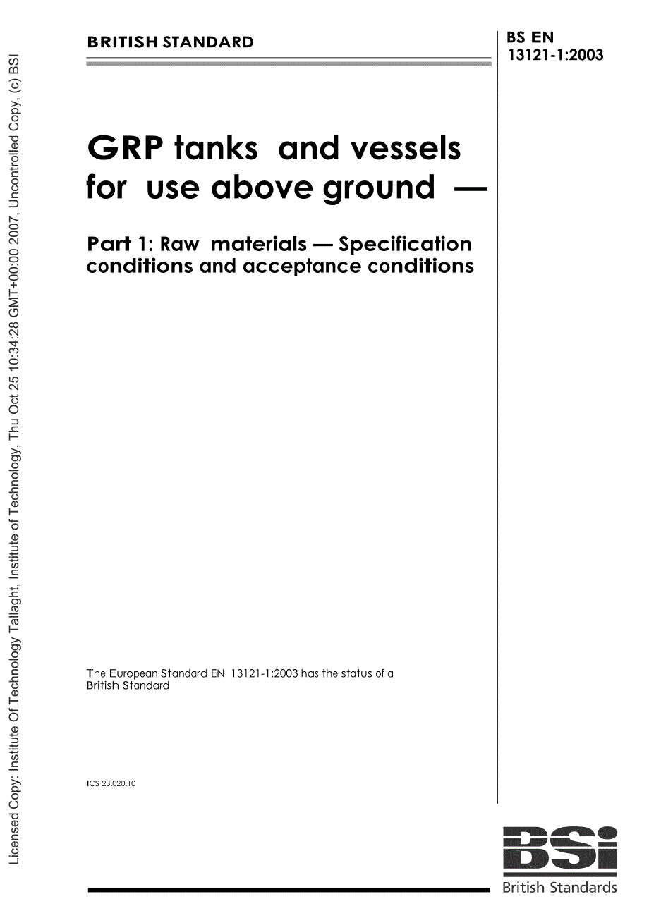 【BS英国标准】BS EN 1312112003 地面用GRP槽罐和容器.原材料.技术条件和验收条件.doc_第1页