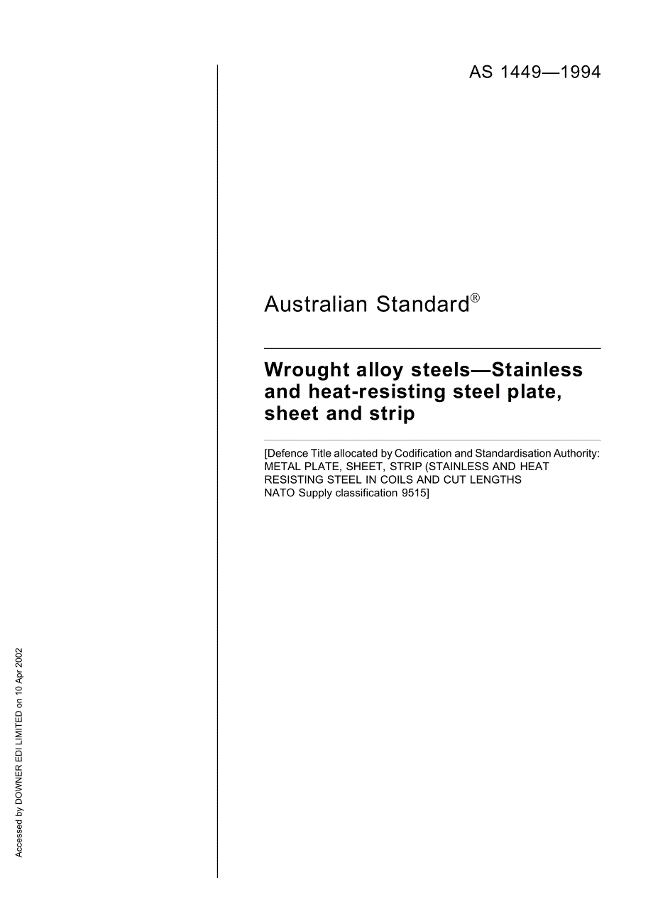 【AS澳大利亚标准】AS 14491994 Wrought alloy steelsStainless and heatresisting steel plate,sheet an.doc_第1页