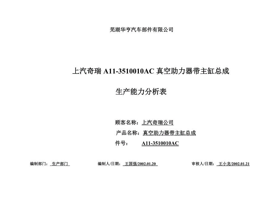 上汽奇瑞A113510010AC真空助力器带主缸总成生产能力分析表.doc_第3页