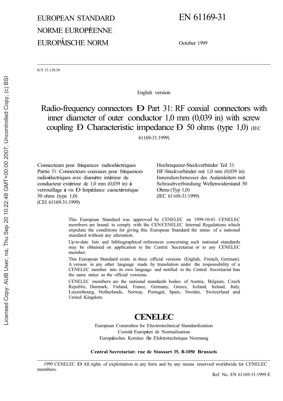 【BS英国标准】BS EN 61169312000 射频连接器.第31部分带螺纹耦合的外导体1,0mm(0,039in)的内径RF共轴连接器.特性阻抗50欧姆(1,0型).doc_第3页