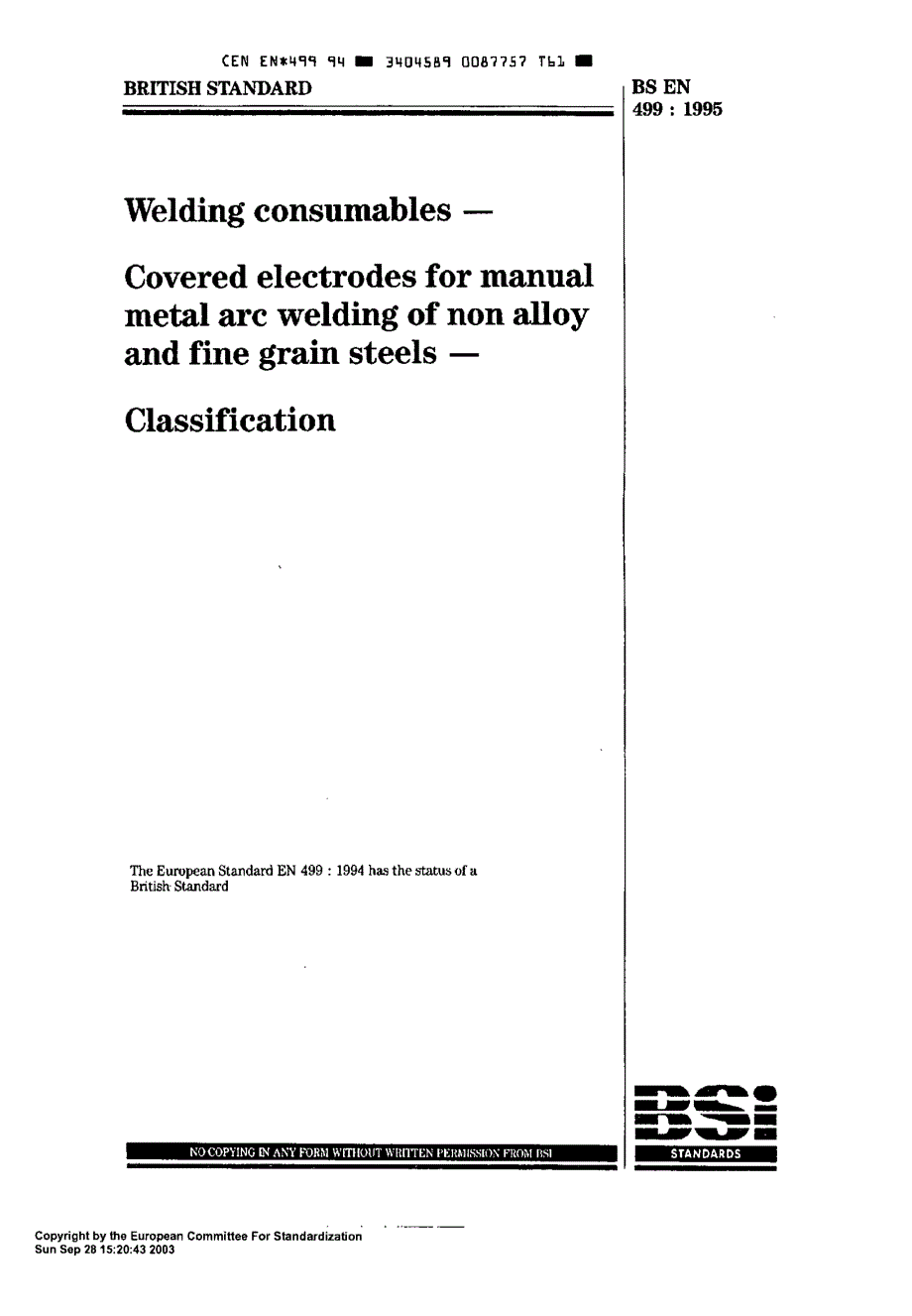 【BS英国标准】BS EN 4991995 焊接消耗品.非合金与细粒钢的人动金属电弧焊用包蔽电极棒.分类.doc_第2页