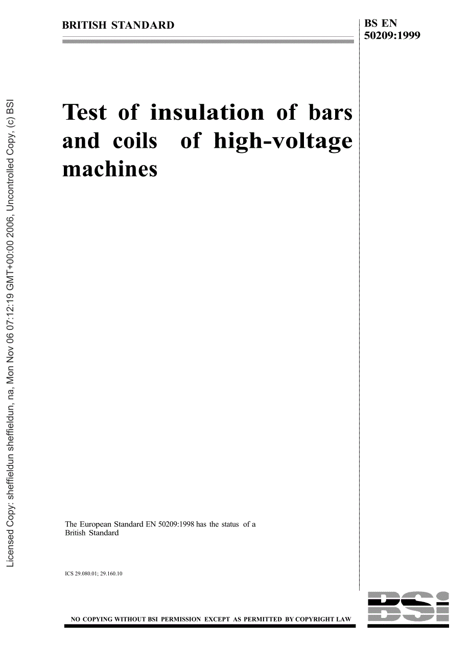 BS英国标准BS EN 502091999 Test of insulation of bars and coils of highvoltage machines.doc_第1页