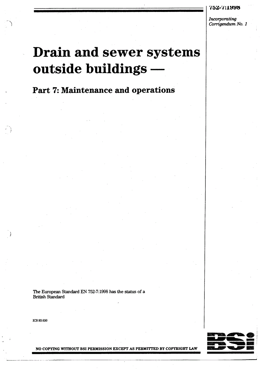 【BS英国标准】BS EN 75271998 Drain and sewer systems outside buildings. Maintenance and operations.doc_第1页